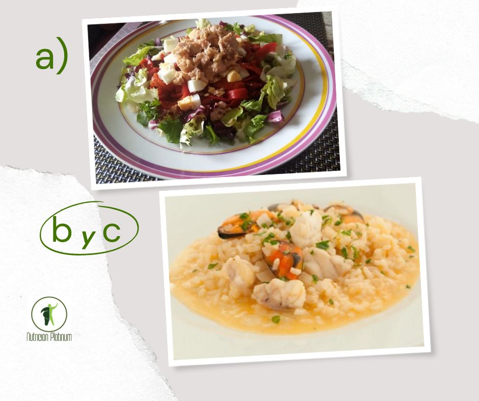 Ensalada de pimientos asados atún y huevo con arroz caldoso, mejillones y rape